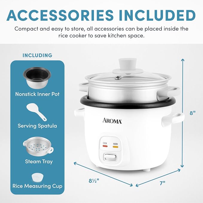 AROMA® Rice Cooker, 2-Cup (Uncooked) / 4-Cup (Cooked), Steamer, Grain Cooker, Soup Maker, Oatmeal Cooker, Auto Keep Warm, 1 Qt, White, ARC-302-1NG