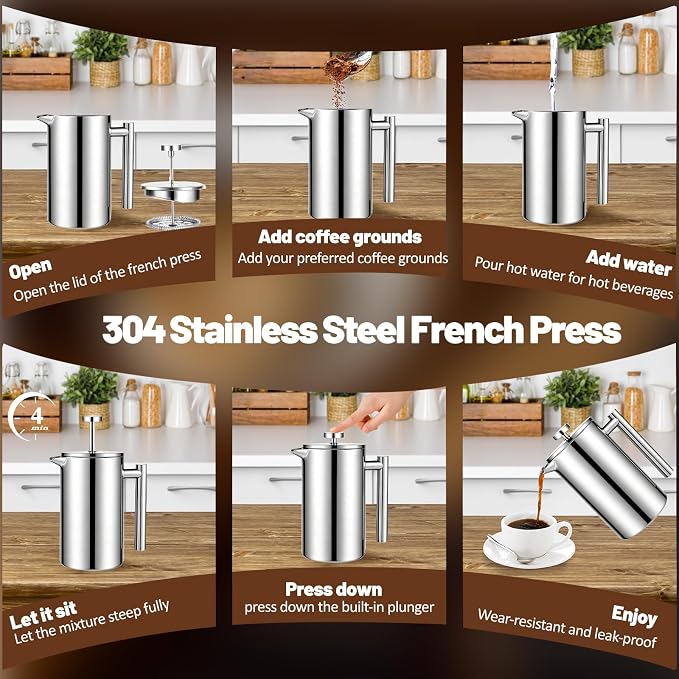 304 Thickened Stainless Steel 800ml French Press 27.05oz Moka Pot | Coffee Maker French Coffee Presses Cold Brew Cafetera Tea pot for Home & Camping Gifts Decor Bar Accessories Silver