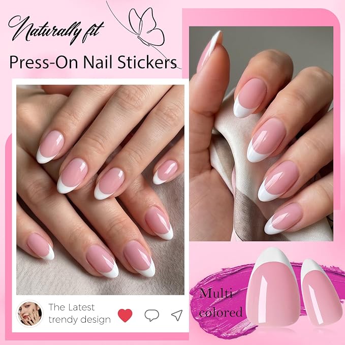 240pc Short Almond French Tip Press on Nails Pink Fake Nails with Glue Tab | Almond Nails Press ons Short Glue on Nails Acrylic Nails Stick False Nail Artificial Fingernail for Women Girls