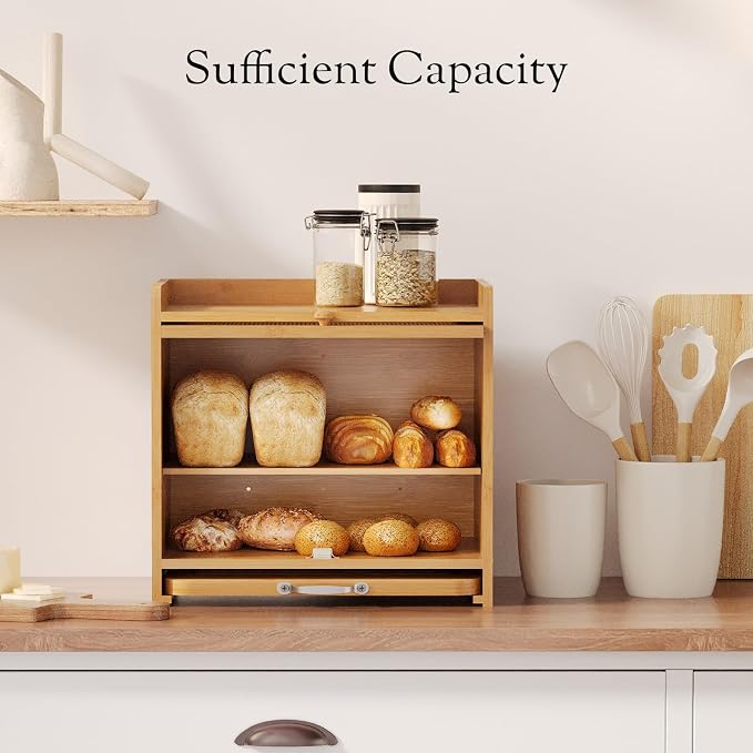 Bamboo Bread Box, Double Layer, Cutting Board, Kitchen, Natural | See-Inside Acrylic, Magnetic Closure, Countertop Bread, Fruit, Tea, Coffee Storage, Rear Vents Stay Fresh, Adjustable Shelf