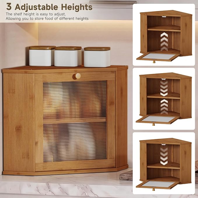 Bread Box for Kitchen Corner Countertop,Large Bread Basket (Brown, Large) | Double Layer Bamboo Bread Storage Container for Kitchen Countertop,Height Adjustable