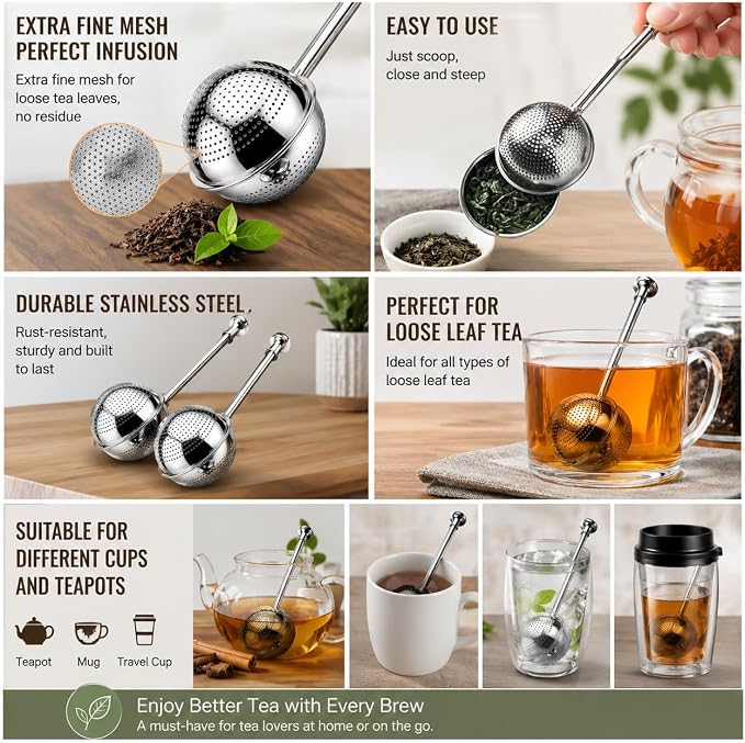 2-Pack Long-Handled Tea Strainer for Loose Tea, Extra Fine Mesh Stainless Steel Tea Infuser, Push-Style Loose Leaf Tea Steeper, Easy Clean Loose Tea Filter