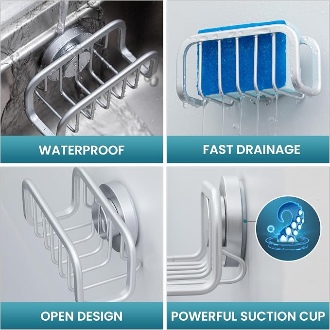 TAILI Silver Sponge Holder for Kitchen Sink with Strong Suction Cup | Removable Sink Caddy for Kitchen Sink Oganizer, Rustproof Aluminum Sink Sponge Holder for Scraper Brushes, Stoppers