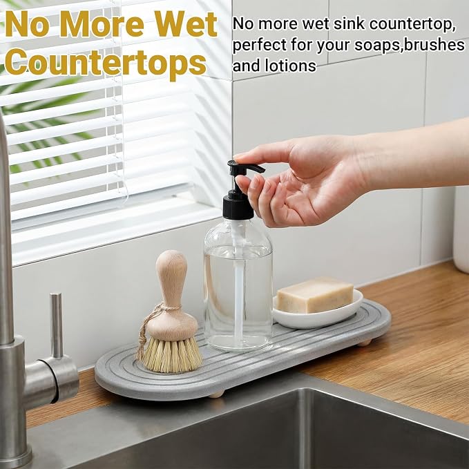 2PCs Fast-Dry Diatomite Sink Tray Organizer Absorbent Light Grey | Absorbent Diatomite Material, 11.8*3.9 in, Versatile Sink Organizer