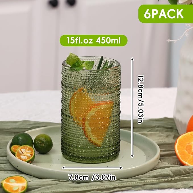 Moretoes 15oz Green Hobnail Drinking Glasses Set of 6 | Vintage Highball Glass Cups, Kitchen Drinkware Glassware for Beer,Cocktail,Whiskey,Juice and Various Mixed Drinks