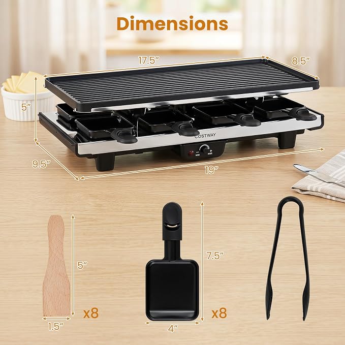 COSTWAY Raclette Grill for 8, 2-in-1 Table Grill & Griddle with Reversible Nonstick Plate, 8 Cheese Pans, 8 Wooden Spatula, Tong & Adjustable Temp Control, 1400W Electric Griller for Indoor & Outdoor