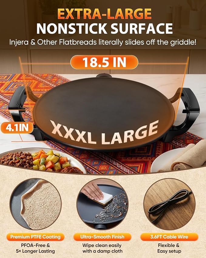 Ethiopian 18.5" Injera Maker Mitad (Mogogo), Electric Griddle with Adjustable Temperature & Time, Non-Stick Surface for Norwegian Lefse, Swedish Pancake, Indian Dosa, Digital Handle