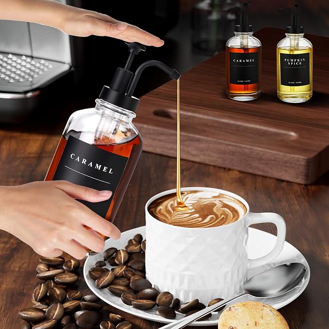 Coffee Syrup Dispenser for Coffee Bar with Black Upgraded Pump, 1 Pack | 16.9 oz 500 ml Syrup Dispensers, Coffee Syrup Pump Dispenser, Glass Syrup Bottle 28 Labels
