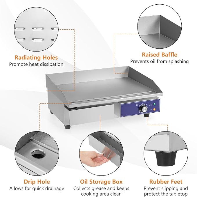 Giantex Commercial Electric Griddle, 22" Flat Top Teppanyaki Grill 2000W | Cast Iron Griddle Plate, Stainless Steel Frame, 122℉-572℉ Adjustable Tempe Control, for Home Kitchen & Restaurant