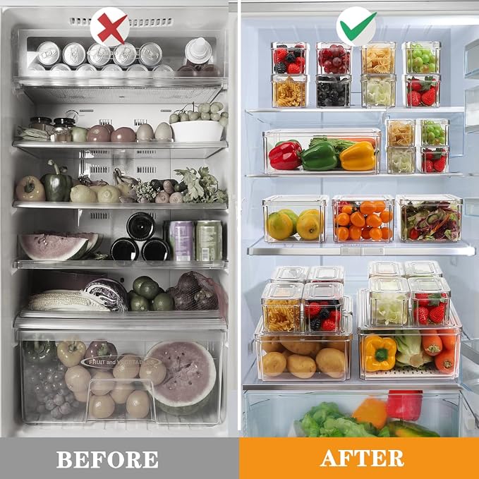 14Pack Fridge Organizer, Stackable Refrigerator Organizer Bins with Lids | BPA-Free Clear Plastic Storage Containers For Kitchen Cabinets, Fridge, Drinks, Fruits, Vegetables, Cereals, Counter Storage
