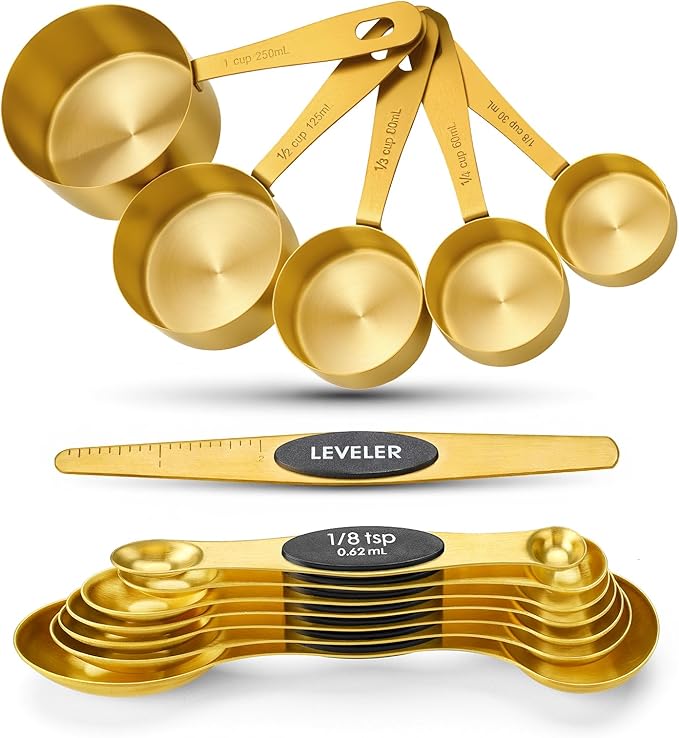Gold Measuring Cups & Spoons Set for Cooking, 13pcs | 5 Gold Measuring Cups, 7 Double-Sided Measuring Spoons & 1 Leveler, Gold Baking Kitchen Gadgets for Dry & Liquid Ingredients