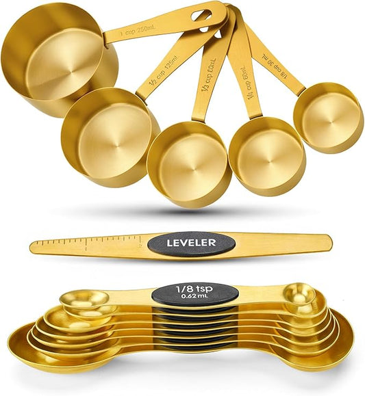 Gold Measuring Cups & Spoons Set for Cooking, 13pcs | 5 Gold Measuring Cups, 7 Double-Sided Measuring Spoons & 1 Leveler, Gold Baking Kitchen Gadgets for Dry & Liquid Ingredients