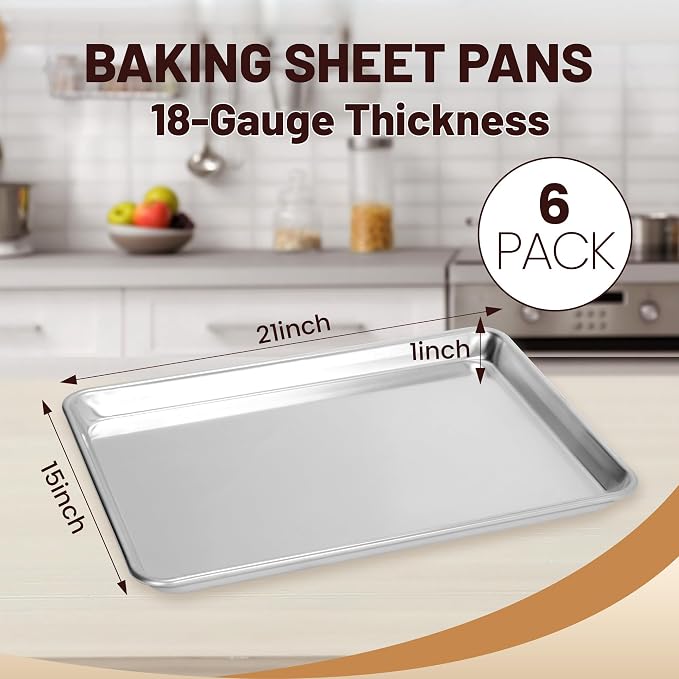 BIEAMA 6 Pack 15" x 21" Baking Sheet Pan, Aluminum Large Size Cookie Sheets | Commercial Heavy Duty Cookie Sheets for Professional Bakery and Kitchen Baking