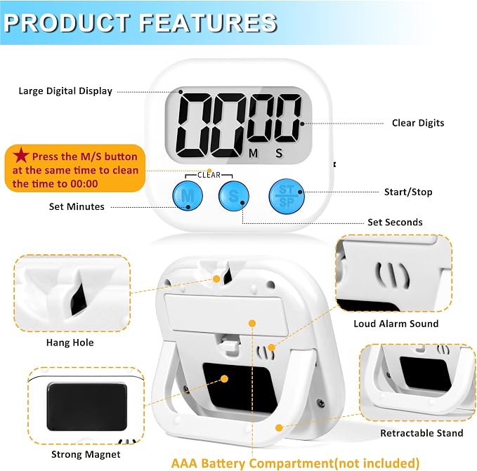 ZILLEEN Classroom Timer for Kids Teachers 4 Pack Digital Timers White | Strong Magnetic, Large Screen, Big Button, Teacher Classroom Must Haves Kitchen Timers for Cooking Egg Exercise Study
