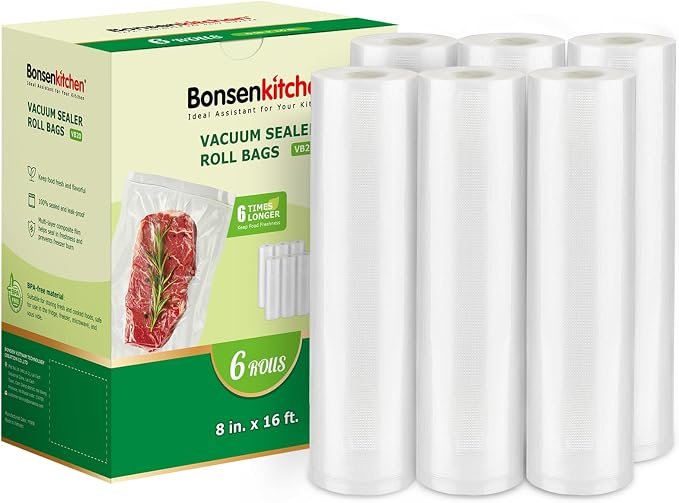 Bonsenkitchen 6 Rolls 8" x 16' Vacuum Sealer Bags for Food with a Color Box | Commercial Grade, Food Storage or Sous Vide, Puncture Resistant Heavy Duty Design, BPA Free Food Grade Safe Material, VB20