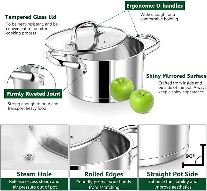 P&P CHEF 8 Quarts Stock Pot with Lid, Stainless Steel Stockpot for Cooking | Cooking Pot for Soup, Pasta, Tri-Ply Bottom for Induction, Gas, Ceramic, Glass Lid & Double Handle, Dishwasher Safe