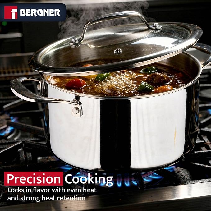 Bergner Argent Collection 4.5 Quart Tri-Ply Stainless Steel Dutch Oven with Tempered Glass Lid - Even Heat Distribution, Riveted Stay-Cool Handle, Induction Compatible, Dishwasher Safe
