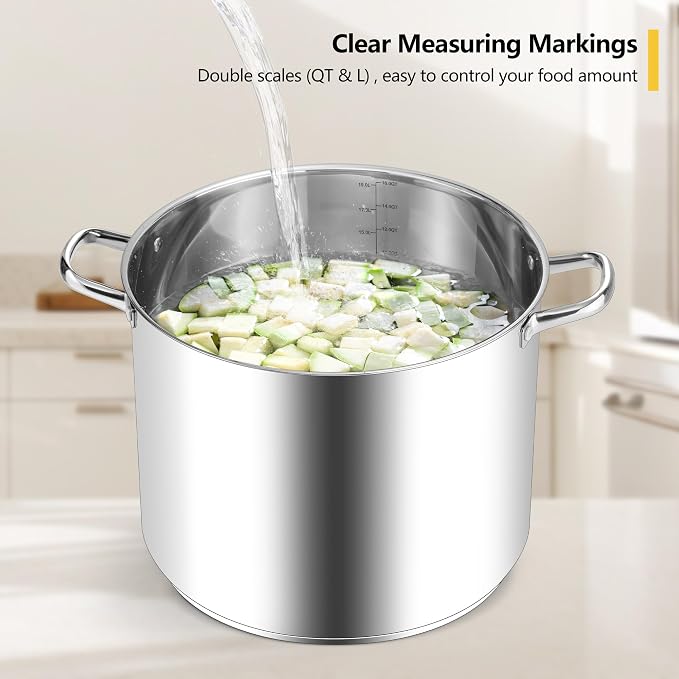 Homikit 16 Quart Stainless Steel Stock Pot, Large Sauce Soup Pot with Lid & Handles, Heavy Duty Cookware for Canning Steaming Simmering, Induction Stockpot Compatible All Cooktops, Dishwasher Safe