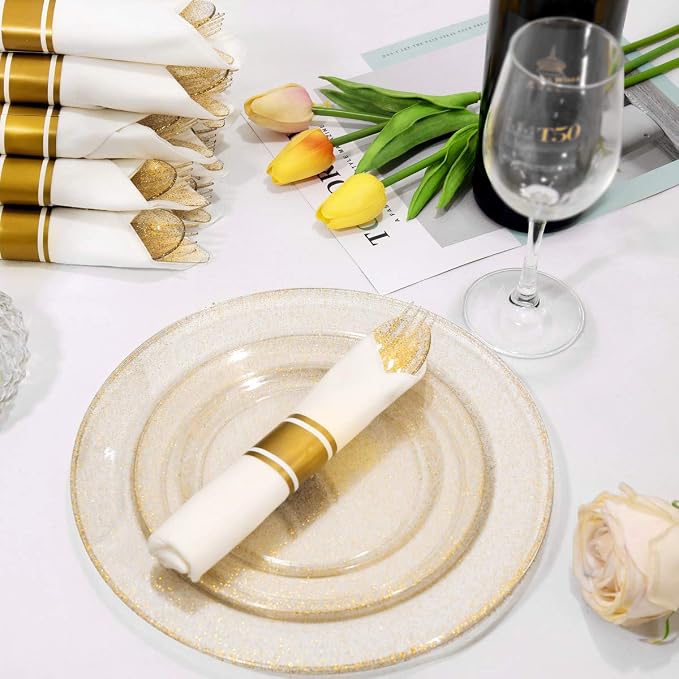 DaYammi 350Pcs Gold Glitter Dinnerware Set 50 Guest for Party Gold Plates Disposable - 50 Dinner Plate,50 Dessert Plate,50 Per Rolled Napkins with Gold Cutlery,50 Plastic Cups 9 OZ for Party Wedding
