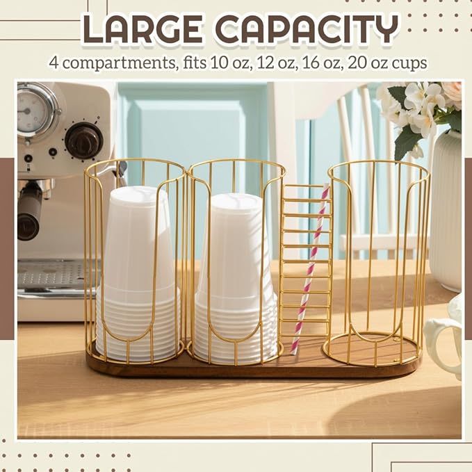 18oz Adjustable Coffee Cup Dispenser with Wooden Base, Cup and Lid Holder, Cups Holder Organizer for Coffee Pod Straw and Lid Storage(4-compartment Single,Color 2)