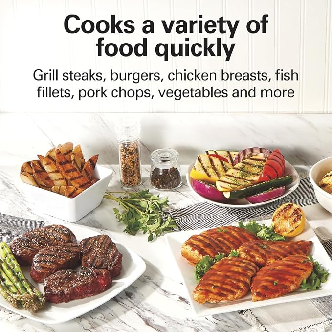 Hamilton Beach Electric Indoor Grill With Floating Hinge For Thicker Food | Large 90 sq. in. PFAS-Free Non-Stick Cooking Surface Fors 6 Burgers | Easy Clean Plates | 1200 Watts | Silver | 25371MN