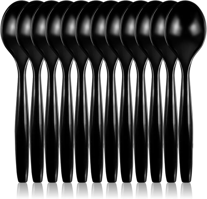CXPSINC 12 Count Black Plastic Serving Spoons, 10" Disposable Heavy Duty Plastic Serving Utensils for Catering Weddings Parties Buffets Events and Stock Your Home (Black, 12PCS Spoons)