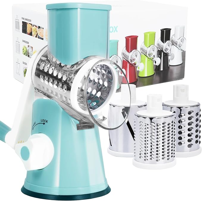 Rotary Cheese Grater Hand Crank with 3 Interchangeable Blades | Cheese Shredder with Strong Suction Base, 3 Blades for Shredding, Slicing & Chopping Veggies & Nuts, Dishwasher Safe, Blue