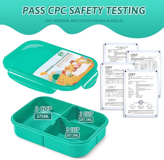 MISS BIG® Bento Lunch Box for Kids, 1150ml, 3 Compartments, Green | Green kids bento lunch box for school food, daycare meals, snacks, light lunch, picnic, and travel.
