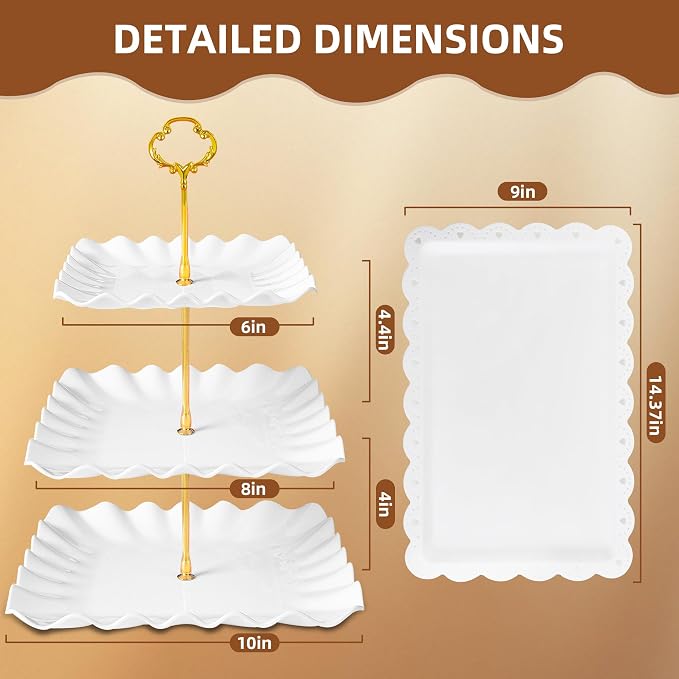 10 Pack Dessert Table Display Set, 4 Three-Tier Square Cupcake Stands and 6 Serving Trays for Cakes, Cupcakes, Pastries and Snacks, Baby Shower Decorations, Bridal Shower, Birthday, Wedding Party