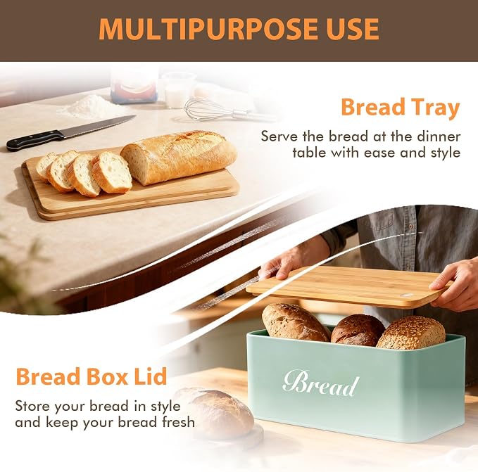 RYTOXILO Green Bread Box for Kitchen Countertop, Metal Breadbox with One-Way Degassing Valve Bamboo Lid, Bread Storage Boxes Container for Homemade Bread, Sourdough Food Cutting Board for Counter