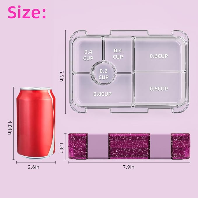 Bento Lunch Box for Kids, 5/6 Compartments, Shiny Purple and Clear | Dishwasher Safe Back to School Snack Bento Lunch Containers Boxes, Ideal Portion Sizes for On-the-Go Meal, Ages 3+, School