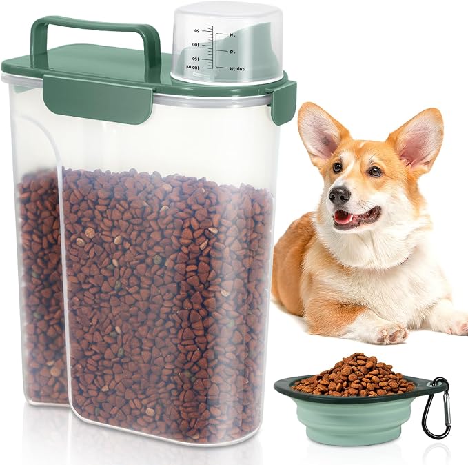 5 Lbs Pet Dog Food Storage Container for Bird Seed Rice Flour - Dark Green | Cat Food Containers with Collapsible Bowl for Travel Airtight 10 Lbs Rice Cereal Oatmeal Holder with Pour Spout Measuring Cup