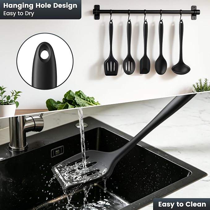 5PCS Silicone Kitchen Utensils Set, Non Stick Cooking Tools, Black | Silicone Spatula/Turner/Spoons/Soup Ladle | Heat Resistant | Dishawasher Safe