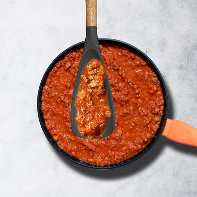 Cooking Spoon for Nonstick Cookingwares, Silicone Spatula Spoon for Mixing, Scoop, and Scrape, (Black-2 pack, 11.4'')