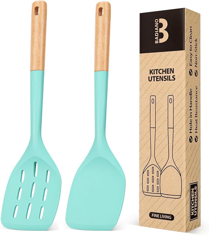 Silicone Spatula, Non Stick Turner for Cooking, Food Grade, Green | Heat Resistant, Flexible Edge, 2 Pack Wooden Handle Kitchen Turner for Baking Mixing Grilling Serving Food