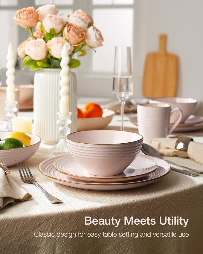 Famiware Jupiter Stoneware Dinnerware Sets with Pasta Bowls, Dishes for 4 | 16 pcs Speckled Plates and Double Bowls with Rim, Chip & Scratch Resistant, Microwave & Dishwasher Safe, Modern Neutral Pink
