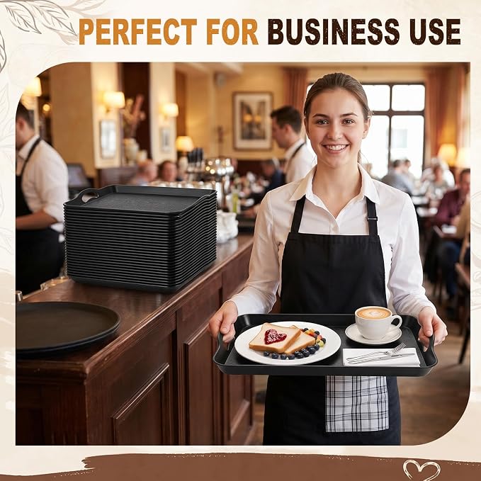Kathfly 12 Pack 16" x 11" Serving Trays with Handles, Plastic Tray, Black | PP Material, Anti-skid Texture, Decorative Food Tray, for Restaurant, Hotel, Kitchen, Party; Not Microwave/dishwasher Safe