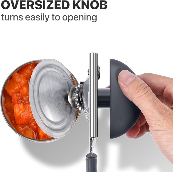 UHIYEE Heavy Duty Hand Can Opener with Comfortable Grip for Seniors, Gray | Manual Can Opener, Hardened Steel Blade, Rubber-Coated Handle, Oversize Knob, Built-in Magnet & Bottle Opener