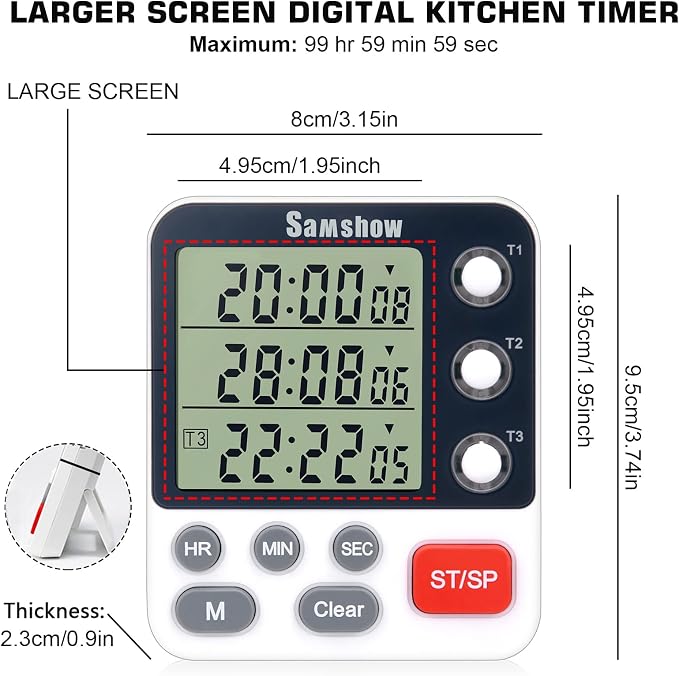 Samshow Digital Kitchen Timer, 3 Channels | Count UP/Down Timer, Large Display, Triple Timer, Magnetic Stopwatch, Adjustable Volume, Loud Alarm, Battery Included