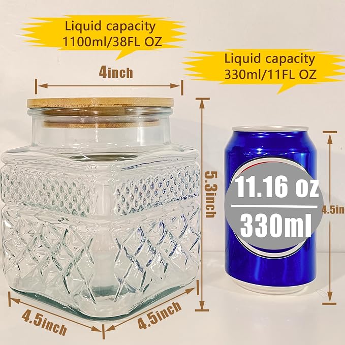 Viovian Decorative Glass Jar with Lid and Spoon 38 OZ Square Thick Glass Storage Jars Airtight Lids Clear Vintage Canister Container for Food Candy Cookie Sugar Coffee Tea Nuts Snack Dog Treat