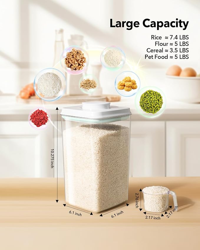 Airtight Pop Food Storage Container with Lid & 130ml Scoop, 4L/4.2qt BPA-Free Cereal, Rice, Flour, Pasta & Snack Container, Stackable & Durable,Kitchen Pantry Organizer