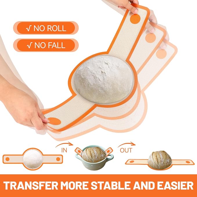 HOTEC 2 Pcs Silicone Bread Sling for Dutch Oven, 0.7MM Thickened Heat Resistant to 500°F Non-Stick Baking Mat with Long Handle Easy to Transfer Sourdough Bread, Dutch Oven Liners Baking Supplies