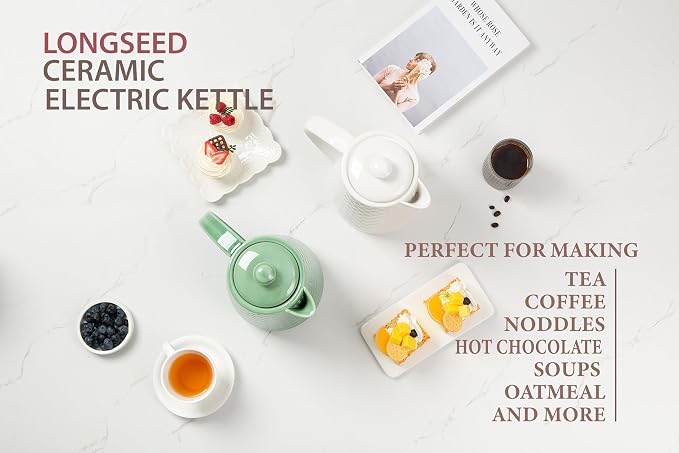 1.5L Ceramic Electric Kettle, 1200W Fast Boil Retro Tea Pot with LED Light, BPA-Free Porcelain Cordless Water Boiler, Auto Shut-Off & Boil-Dry Protection, Green Relief Carving