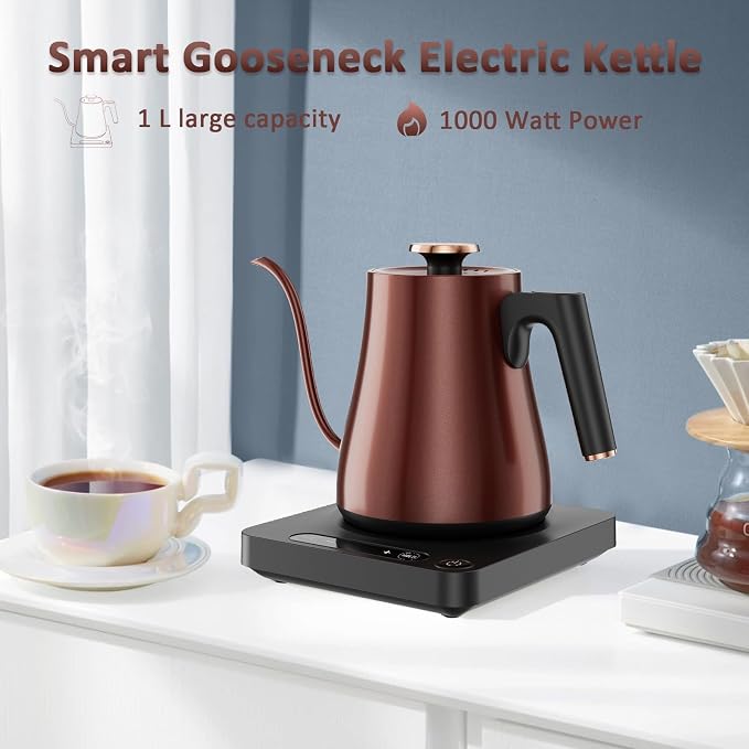 Gooseneck Electric Kettle 1.0L, 1000W, Pour Over, Vintage Copper | 104-212°F Temp Control, LED Display, Keep Warm, 304 SS, BPA-Free, For Pour Over & Tea