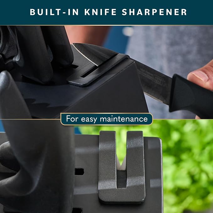 Home Hero 15-Piece Kitchen Knife Set - Knife Block Set | Black Stainless Steel Knife Set with Wooden Block - Built-In Sharpener, Ergonomic Handles & Nonstick Coating (15-Piece)