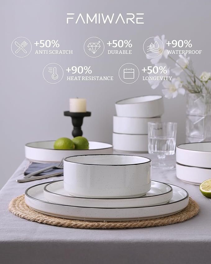 Famiware Nebula 18-Piece Dinnerware Set, White with Black Rim | Stoneware Dish Set for 6, Plates and Bowls, Microwave and Dishwasher Safe, Chip and Scratch Resistant