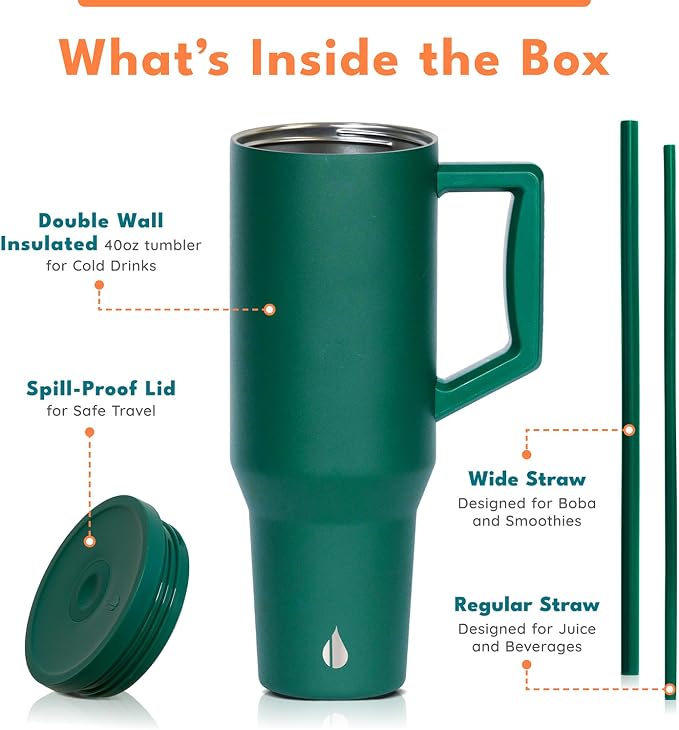 Elemental Spill Proof 40oz Insulated Tumbler with Handle & Straw Travel Mug | Stainless Steel Commuter Travel Coffee Mug for Cold Beverages, Includes 2 Straws & a Spill Proof Lid for Everyday Use