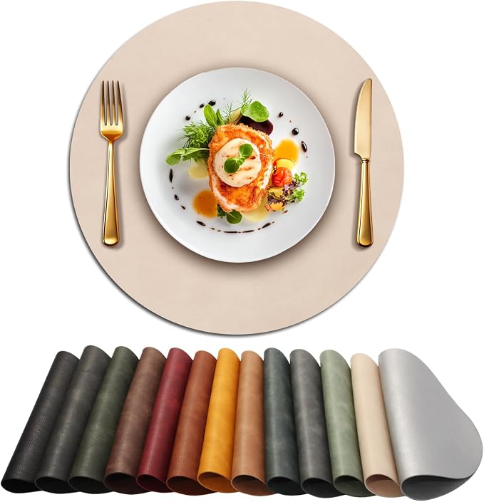 UnivoColors Placemats Round Faux Leather Placemats Set of 8-Waterproof-Wipe Clean-Heat Resistant-Anti Slip Dining Table Place Mats,Suitable for Indoor & Outdoor Use,15".Retro Beige