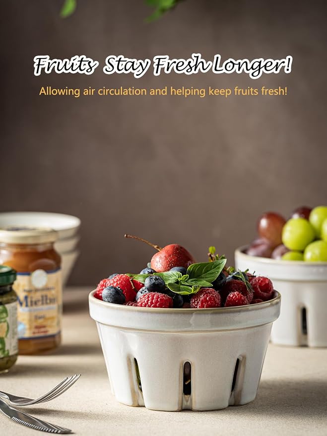 Gomakren Ceramic Berry Basket Set of 2, Fruit Bowl Colanders 5.8 Inch White | Drain Holes Keep Berries Fresh, Stackable Space-Saving, Dishwasher Safe, Versatile Fruit Serving & Farmhouse Kitchen Decor
