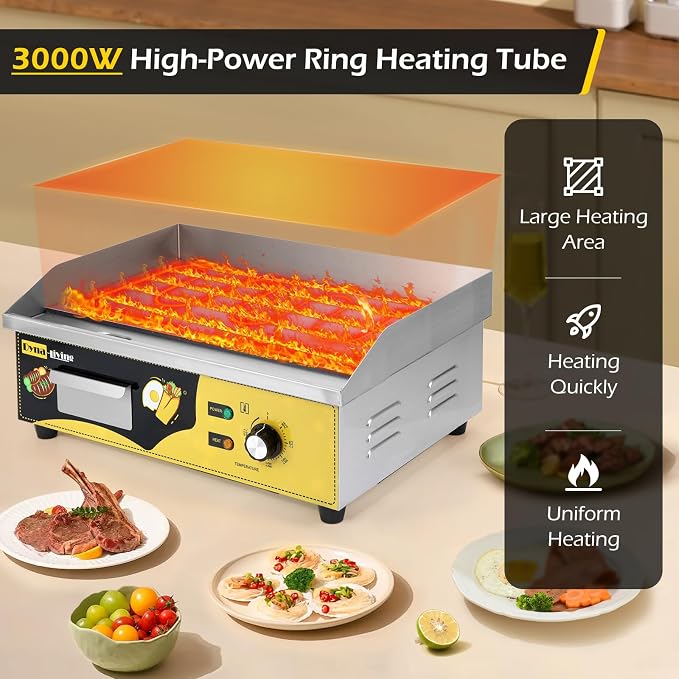 Dyna-Living Commercial Electric Griddle 22'' Stainless Steel Flat Top Grill | 3000W Countertop Flat Top Griddle Indoor Teppanyaki Grill for Restaurant, Non-Stick, Easy to Clean, 122℉-572℉ Temp Adjustable